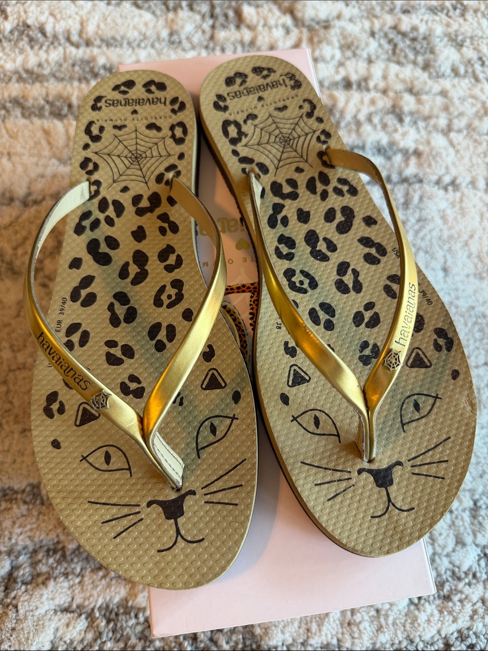 Charlotte Olympia X Havaianas Gold Leopard & Cat Flip Flop Sandals